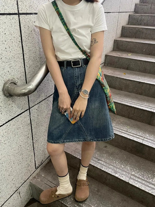 Territory Harajuku Washed Vintage Blue Denim Skirts Spring New High Waist Skirt for Women Y2k E-Girl Mid-length A-line Faldas Mujer