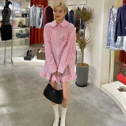 Territory Harajuku Sweet Plaid Dress Women Pink Ruffles Mini Shirt Dresses Korean Vintage Streetwear Long Sleeve Casual Vestidos