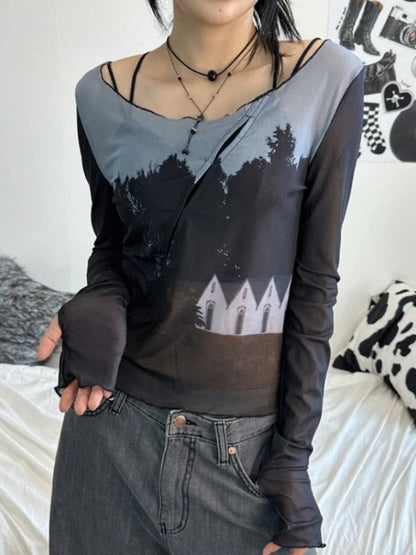 Territory See Through Gauze Vintage Print Crop Top Autumn Long Sleeve Fashion Bottoming Tshirts Y2k Aesthetic Harajuku Slim Women T-shirt