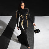 Territory Metallic 3D Body Print Black Evening Dress Elegant Turtleneck Long Sleeve Maxi Dresses Women Fall Winter Bodycon