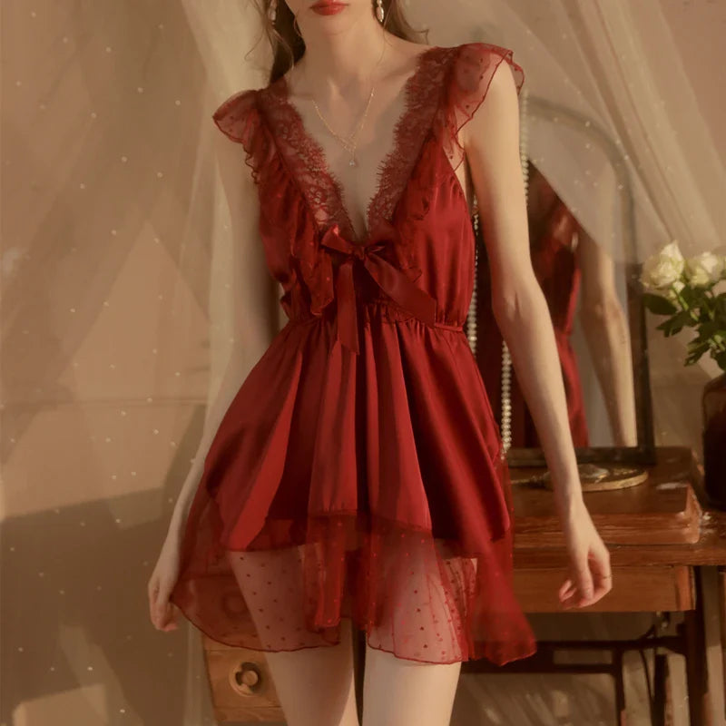 Territory French Romantic Nightdress Women's Nightgown V-neck Chemise Sleepwear Lace Nightwear Soft Lingerie for Women