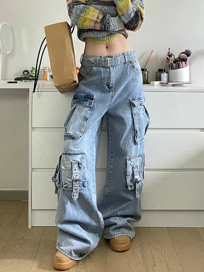 Territory Autumn Winter New Ladies Cargo Jeans American Street Style Baggy Cargo Pants Women Blue Multi-pocket Wide Leg Jeans for Women