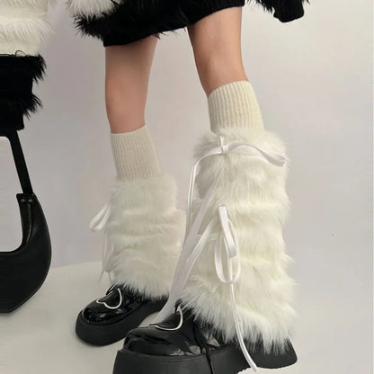 Territory Kawaii Bow Knot Leg Warmers Thickened Imitation Rabbit Fur Women Leggings Boots Cover Lolita Punk Harajuku Party Accessories