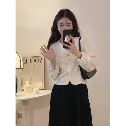 Territory S-3Xl Elegant Bow Shirts Women Sweet Pink Puff Long Sleeve Blouses Korean Fashion White V Neck Pearl Buttons Crop Tops New