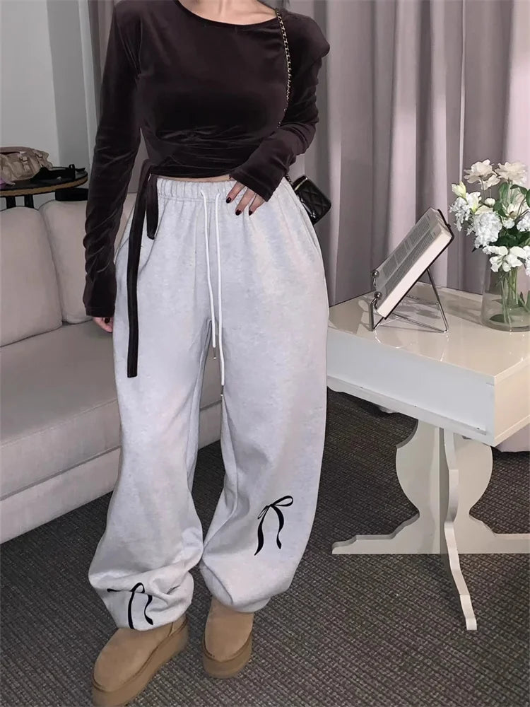 Territory Korean Fashion Fleece Sweatpants Women Y2K Bow Print Brushed Pants Oversized Winter Fairycore Wide Leg Joggers Pants