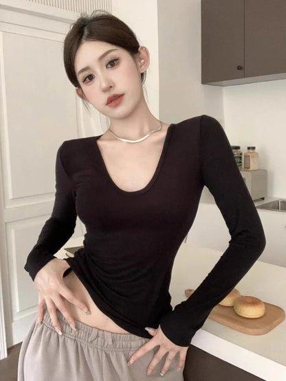 Territory Korean Fashion Solid T Shirts Women Harajuku Vintage V-neck Long Sleeve Tees Female Sexy Slim Basic Tops Autumn Winter