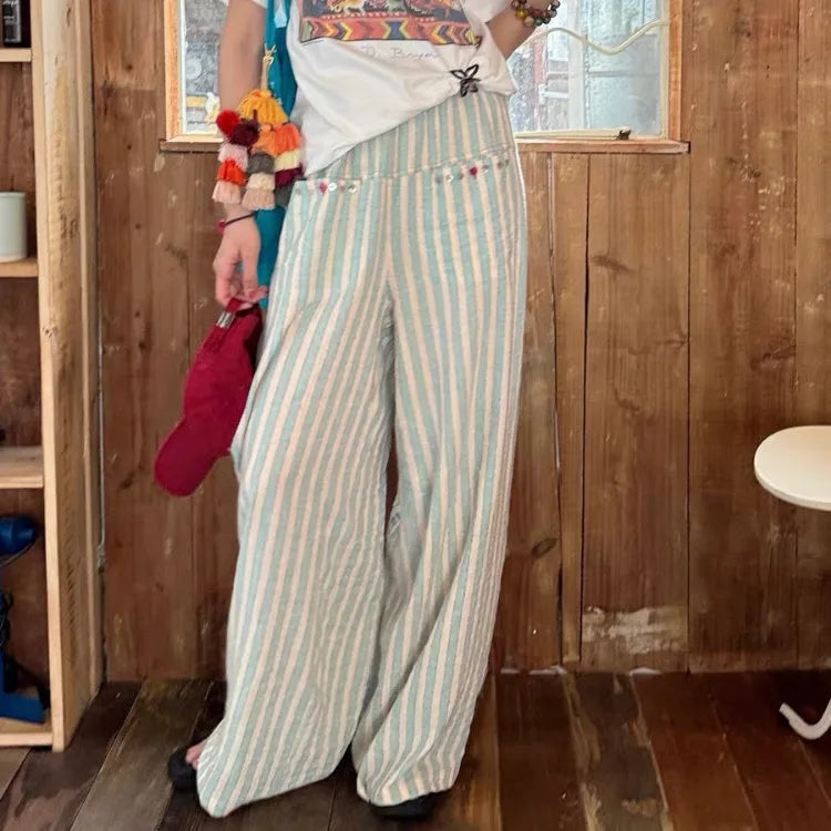 Territory Fashion Vintage Green Striped Straight Trousers 2024 Summer New Wide Leg Pants Y2k Grunge High Waist Loose  for Women