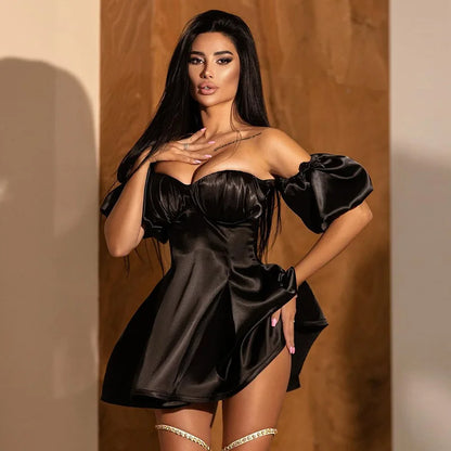 Territory Satin Puff Sleeve Backless Sexy Mini Dress For Women Pink Off-shoulder Strapless Backless A-line Club Party Dress