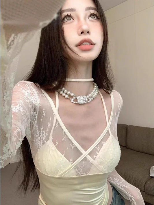 Territory Sexy Coquette Lace Patchwork T Shirts Women Korean Fashion Y2k Vintatge V Neck  Bandage Long Sleeve Slim Tees Tops 2024