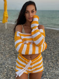 Territory Autumn Knitted Shorts Set Two Piece Women Striped Long Sleeve Crop Tops And Mini Shorts Femme Y2K Party Outfits 2 Piece