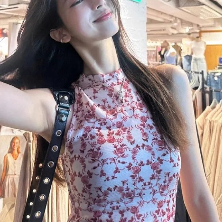 Territory Elegant Vintage Flower Print Halter Vest for Women Y2k E-Girl O-neck Slim Fit Tank Top Summer New Sleeveless Tops Mujer