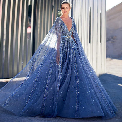 Territory Blue Cape Sleeves Sexy Deep V-neck Evening Dresses Customized Luxury A-Line Beaded Party Gowns For Women