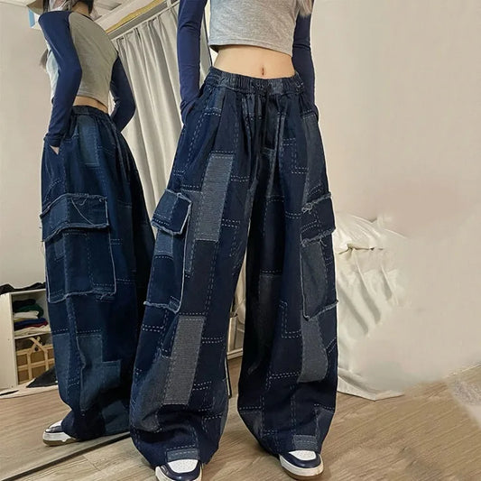 Territory American Vintage Washed Street Jeans for Women Y2k Grunge Loose Wide Leg Pants 2024 Spring New Blue Straight Trousers