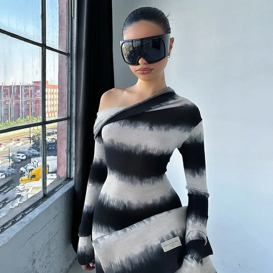 Territory Black And White Striped Asymmetrical Dress One Shoulder Long Sleeve Maxi Dresses Fall 2024 Fashion Women Y2K Outfits