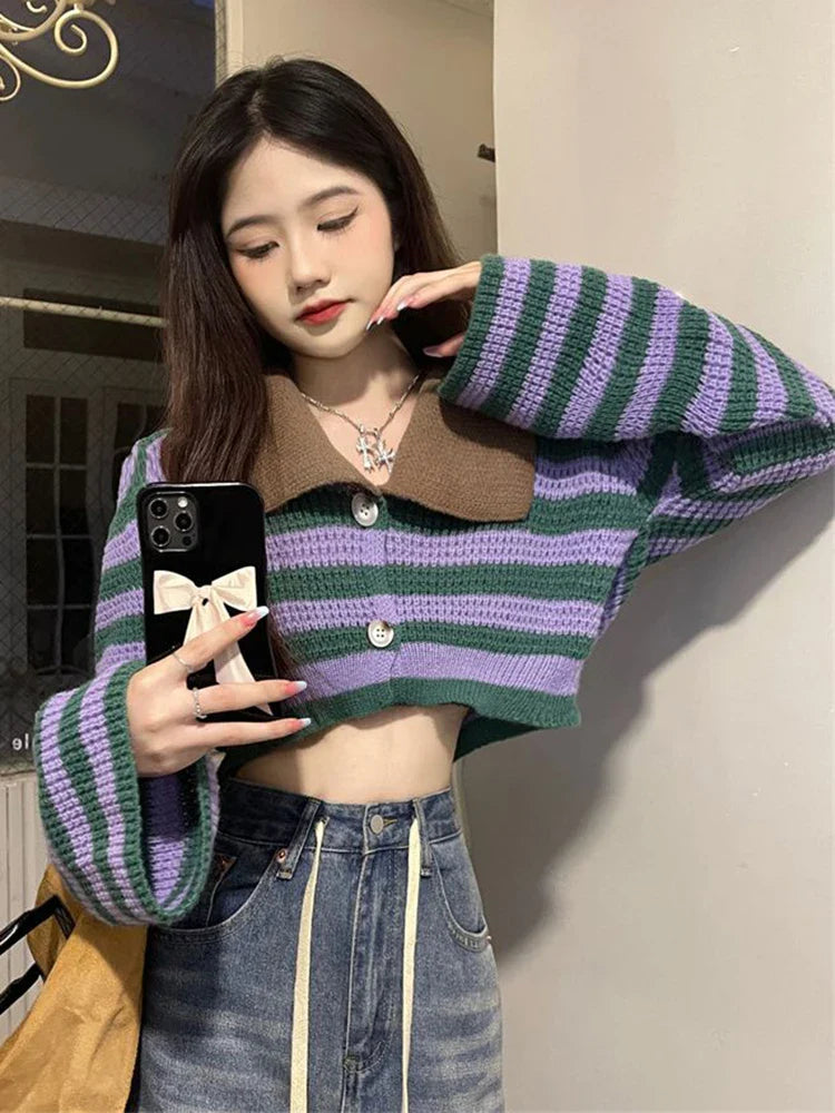 Territory Sexy Cropped Striped Cardigan Women Fashion Flare Sleeve Loose Knitted Sweaters Casual Autumn Korean Lazy Wind Lady Outwear