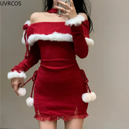 Territory 2024 Winter Christmas Bodycon Knitted Mini Dress Women Casual Long Sleeve Sweet Elegant Even Party One Piece Dresses Korean Fur