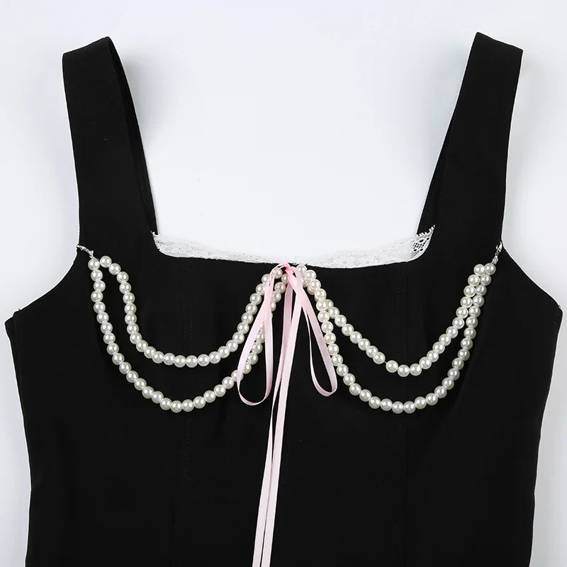 Territory Coquette Y2k Tops French Retro Style Pearl Chain Bow Square Neck Tank Top Black Summer Clothes Women 2024 Crop Top