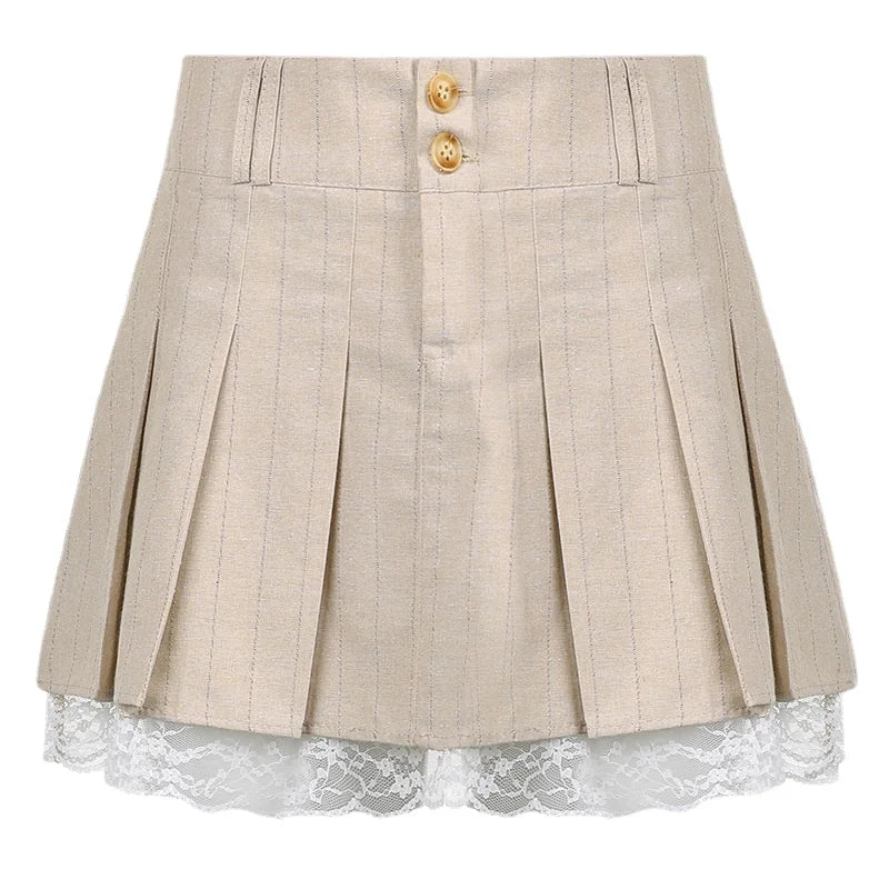 Territory Korean Fashion Khaki Pleated Skirt Lace Trim Women Preppy Style Button Up High Waist Cute Sexy Summer Kawaii Mini Skirt