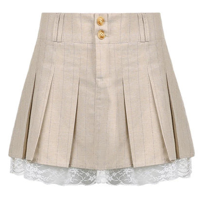 Territory Korean Fashion Khaki Pleated Skirt Lace Trim Women Preppy Style Button Up High Waist Cute Sexy Summer Kawaii Mini Skirt