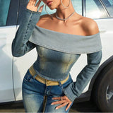 Territory  Denim Vintage T-shirts Women 2024 Spring Slash Neck Long Sleeve Gradient Backless Zipper Off-waist Sexy Street Cropped Tops