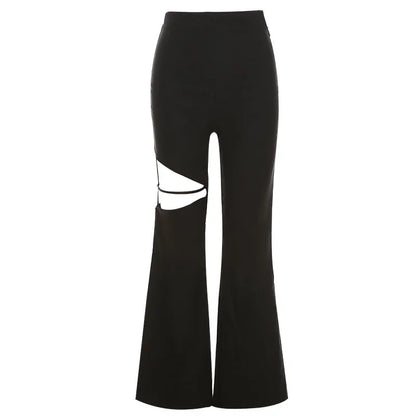 Territory Black Mysterious Y2K Sexy Slim Fit All-match Classic Commuter Street Travel Hollow Out Vibrant Women's Weave Trousers