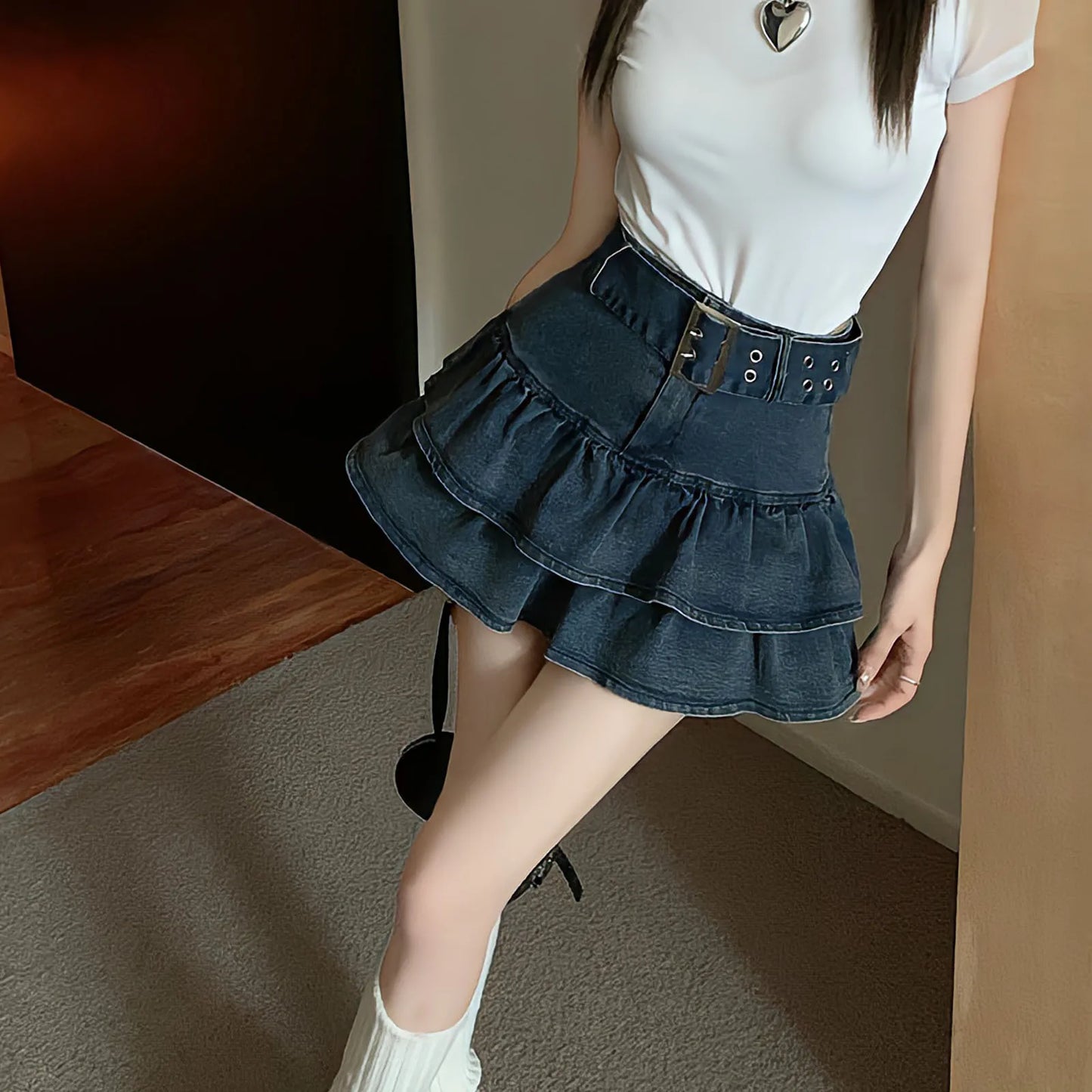 Territory Hotsweet Pleated Skirts Chic Summer With Belt Vintage High Waist Fashion Denim Women Vintage Ruffles A-Line Y2k Mini Skirt