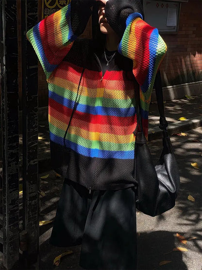 Territory Harajuku Y2k Knitted Cardigans Women See Through Oversized Hollow Out Striped Crochet Top Sweaters Aesthetic Streetwear