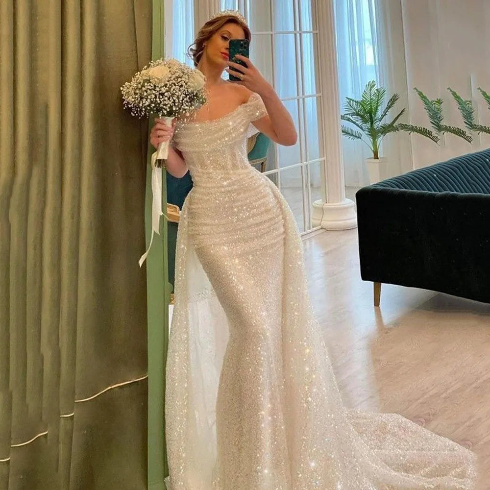 Territory Princess Glitter Sequins Wedding Dresses With Detachable Train Shiny Mermaid Bridal Dress For Women Party Gonws