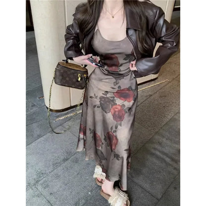 Territory 2024 Autumn New Korean Lapel Solid Color Casual Leather Long-sleeved Jacket Women + Floral Tie-dyed Sling Dress Two-piece Suit