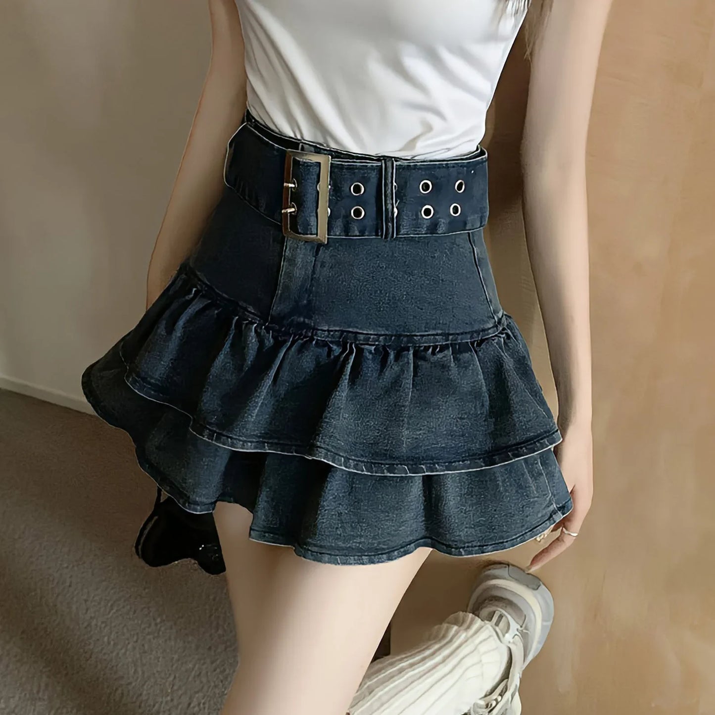 Territory Hotsweet Pleated Skirts Chic Summer With Belt Vintage High Waist Fashion Denim Women Vintage Ruffles A-Line Y2k Mini Skirt