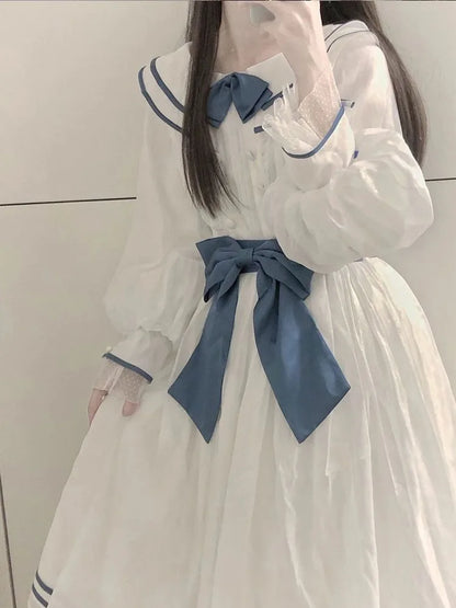 Territory Harajuku Sweet Sailor Collar White Dresses Summer New Slim Waist Bow Vestidos Mujer Y2k E-Girl Long Sleeve Dress for Women