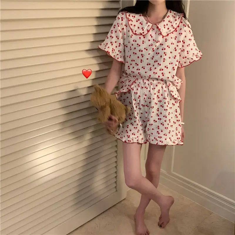 Territory Cotton Sleepwear Korean Pajamas for Women Summer 2024 Pijama Cherry Print Pyjamas Female Set Woman 2 Piece Cute Loungewear