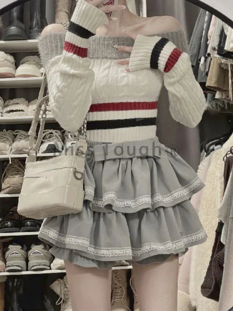 Territory Korean Fashion Knitted Two Piece Set Women Stripe Vintage Elegant Party Skirt Set Female Sweater Designer Pleated Suit