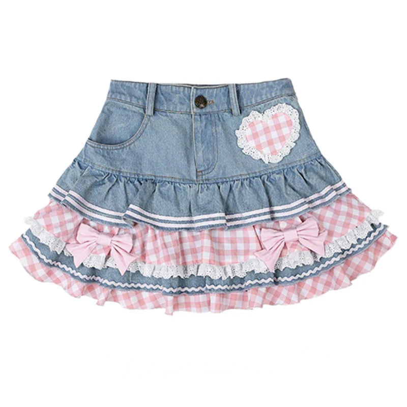 Territory Fashion Sweet Skirts for Women High Waist Plaid Bow Patchwork Denim Summer Skirt Preppy Style Loose All Match