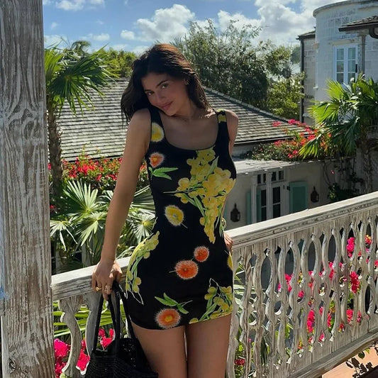 Territory Flower Print Sleeveless Mini Bodycon Women's Dress Vacation Summer Dresses For Woman 2024 Sexy Kylie Jenner Y2K Outfits