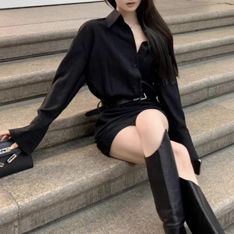 Territory Polo Collar Sexy Slim Black Long-sleeved Dress Women 2024 Spring New High Street Fashion All Match Mini Dress with Belt