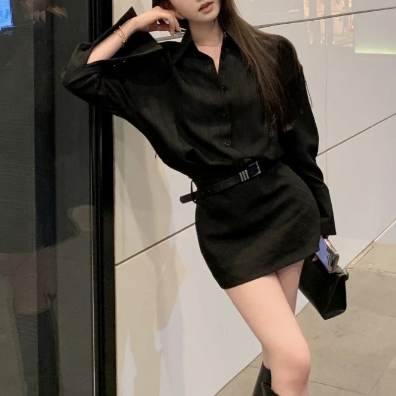 Territory Polo Collar Sexy Slim Black Long-sleeved Dress Women 2024 Spring New High Street Fashion All Match Mini Dress with Belt