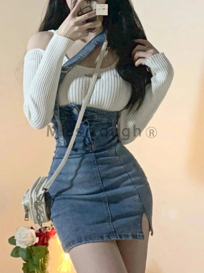 Territory Blue Vintage Knitted Two Piece Set Women Sexy Denim Party Mini Skirt Set Female Split Casual Fashion Skirt Suit Autumn New