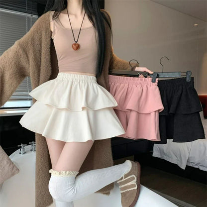 Territory Pleated Corduroy A-line Skirt Pink Women Ruffles Sweet Elastic Elastic Waist Mini Skirts Gothic Slim Tutu Skirt Hotsweet Faldas