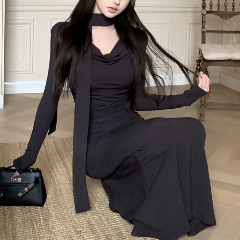 Territory Korean V-neck Pleated Sexy Elegant Long-sleeved Dress Women 2024 Spring New High Street Solid Color Mid-length Dress with Scarf