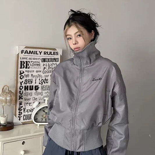 Territory  Vintage Grey Short Jacket Women Harajuku Japanese Y2k Oversized Bomber Crop Jackets Streetwear Korean Fashion Aesthetic