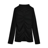 Territory Black Half High Neck Y2k Tops Long Sleeve Base Shirt for Women Autumn Winter Pleats Design Slimming Harajuku T-shirt