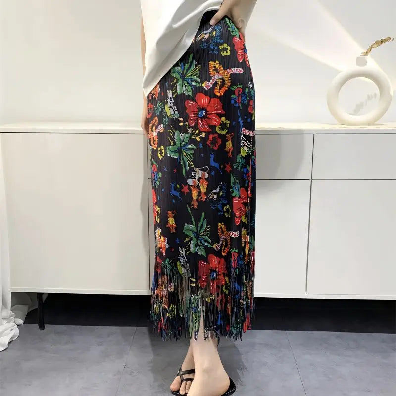 Territory Fashion Vintage Skirts Flower Print Pleated Tassel High Waist Lady Skirt Korean Chic Spring Summer Female Slim Women Clothes