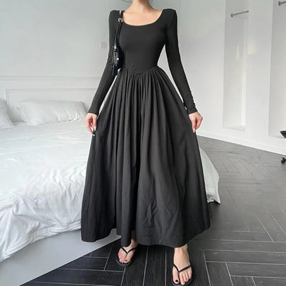 Territory  Hepburn Style Fashion Elegant Women A Line Dress Summer Elastic Slim Long Sleeve Midi Dress High Waist O Neck Pleated Dress