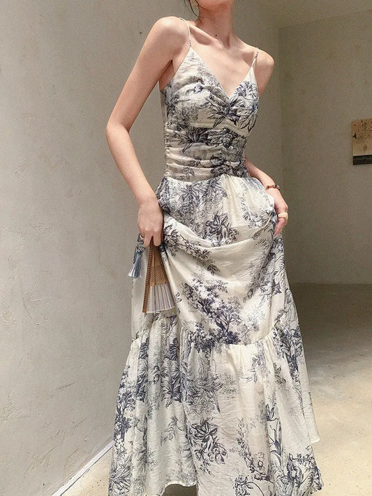 Territory Fashion New Women Summer Spaghetti Strap Floral Dress Sleeveless Vintage Casual A-Line Party Birthday Long Dresses Female Robe