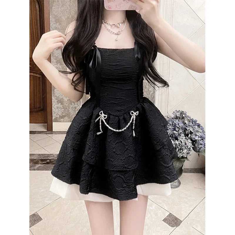 Territory Black Mini Dress Women Party Prom Kawaii Bow Bandage One Pieces Dresses Y2K Korean Sexy Strap Bodycon A Line Vestidos New