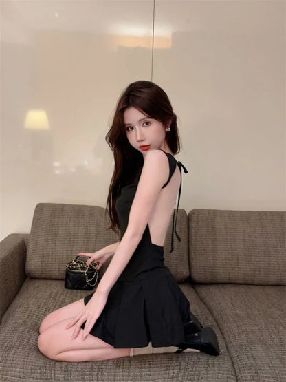 Territory Fashion Sexy Backless Lace Up Black Dresses Y2k E-Girl Slim Waist Dress for Women 2024 Summer New A-line Vestidos Mujer