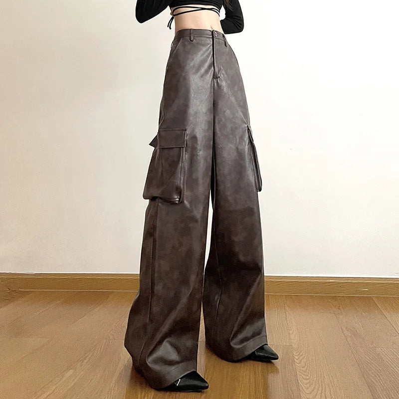 Territory Brown Classic  leather Retro All-match Casual High Street Fashionable Cool Confident Youth Hip-hop Women Autumn Straight Leg Pants