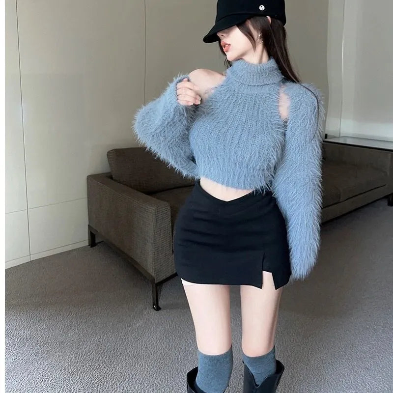 Territory Korean style Long-sleeved Cardigans Vest  Femme Autumn New Womens Loose Casual Capes Sweater Solid Knitwears Tops Two-Piece Set