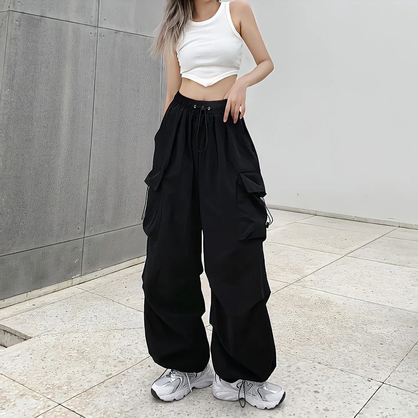 Territory Drawstring Baggy Grey Cargo Pants Women High Waist Black Pants Streetwear Boyfriend Jogging Casual Straight Wide Leg Trousers